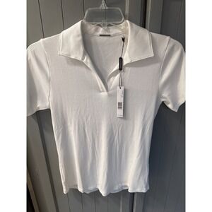 Elie Tahari White Ribbed Knit Polo Top Short Sleeve Collared Shirt NEW
